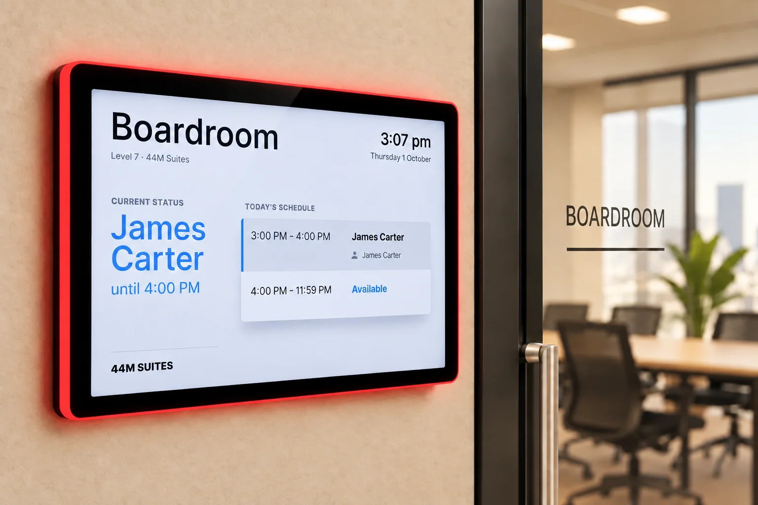 Illustrative booking-panel installation outside a boardroom