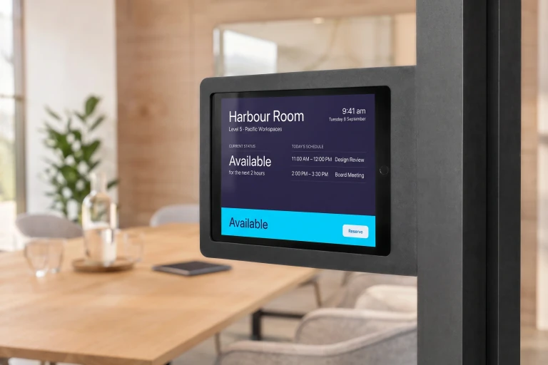iPad room-booking display in a Heckler mount