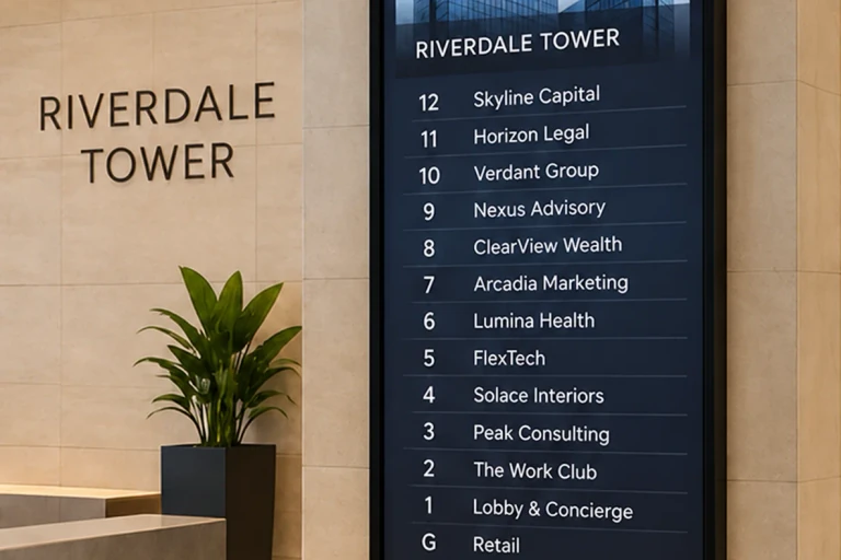 Digital directory display in a corporate tower lobby
