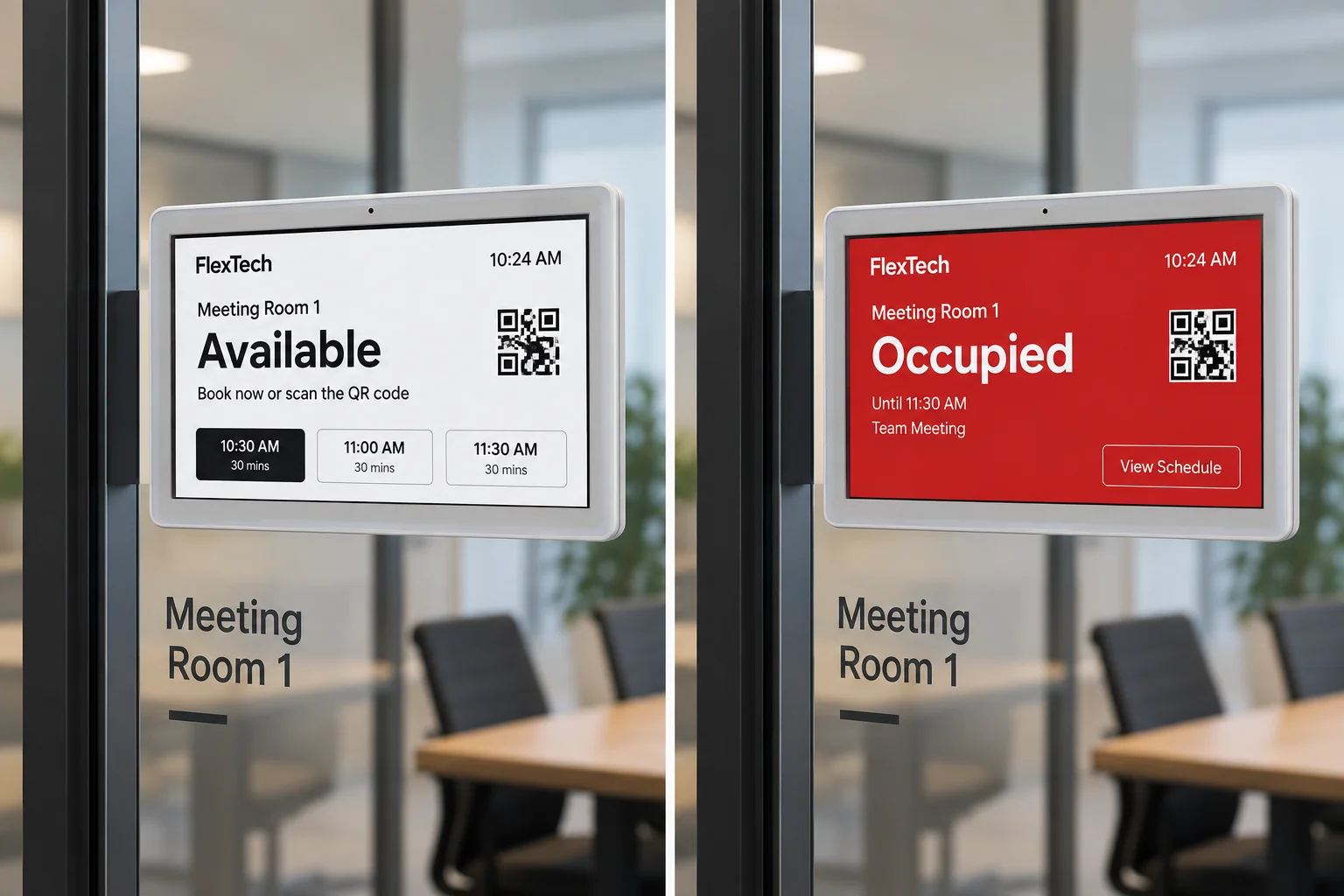 Illustration of a white FlexTech room-information display mounted beside a meeting room