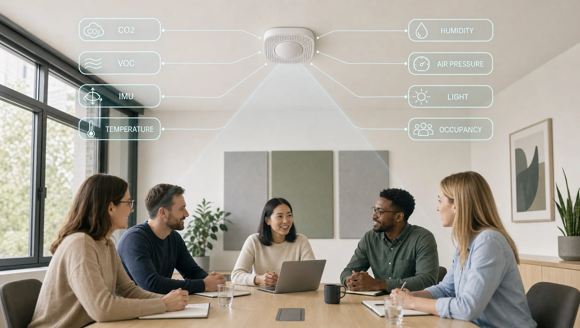 Environment Sensor above a meeting room with labelled environmental and occupancy sensing categories
