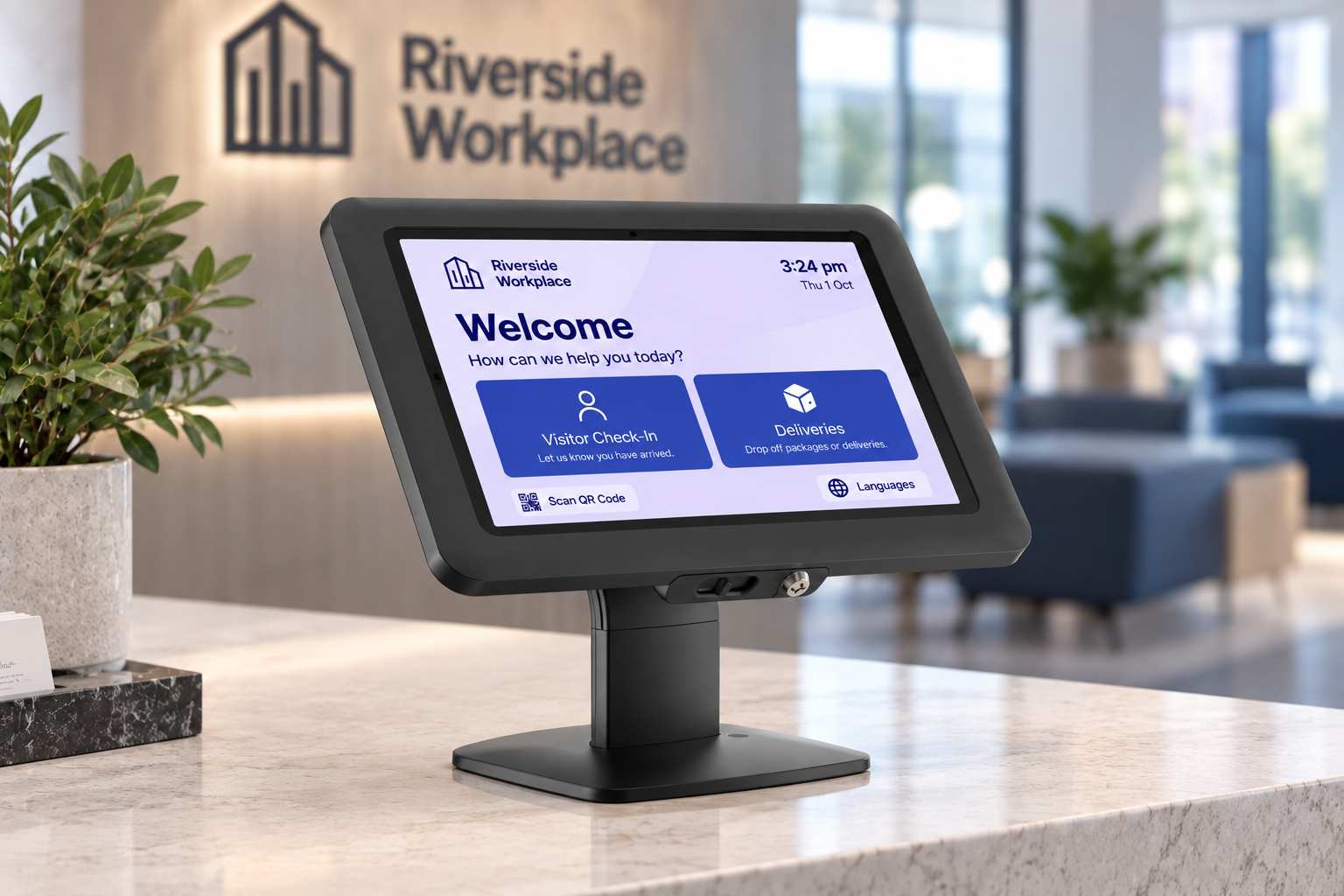 iPad in a black Elite Evo countertop stand showing the FlexTech concierge interface in blue and lilac