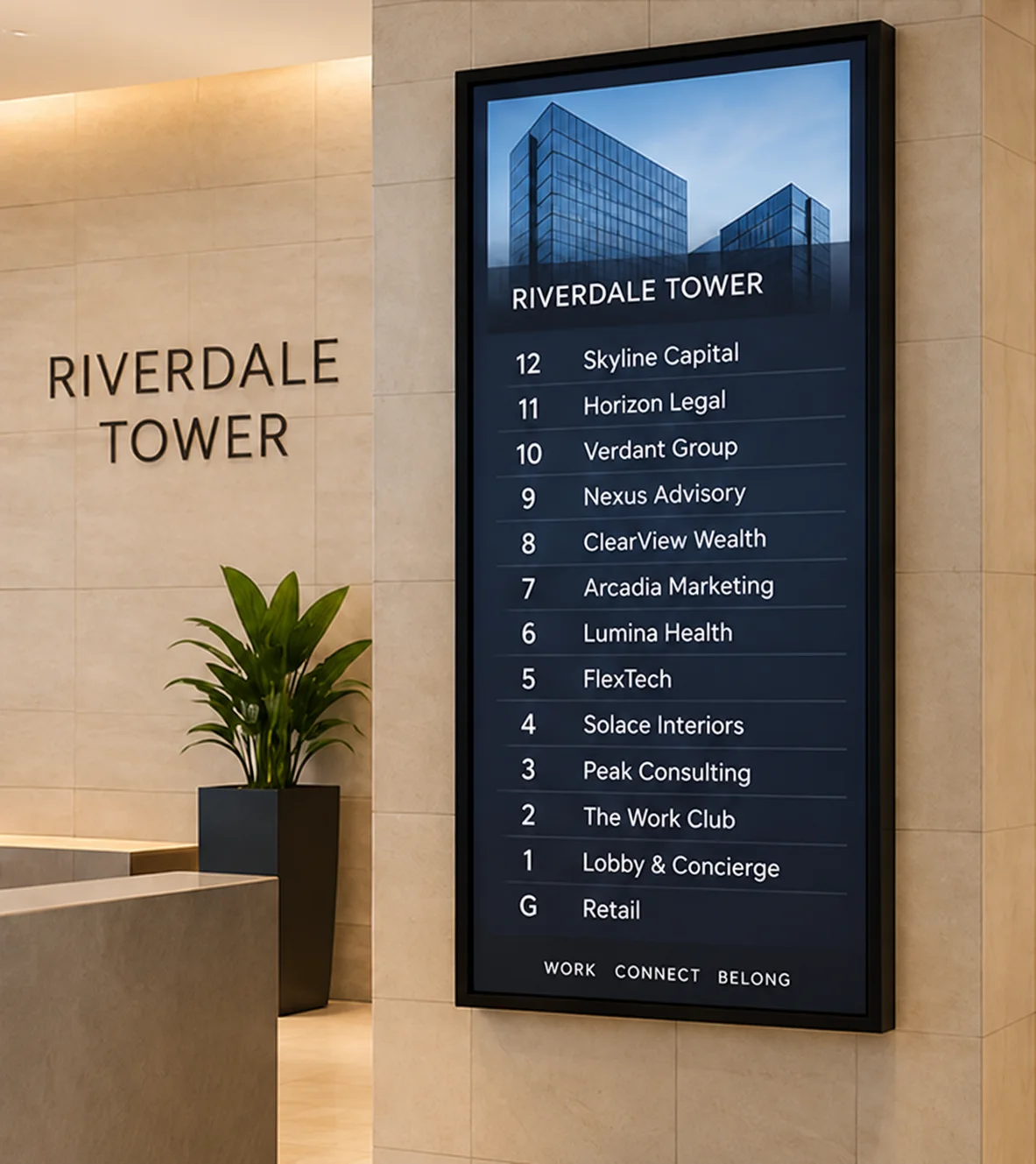 Digital directory display in a corporate tower lobby