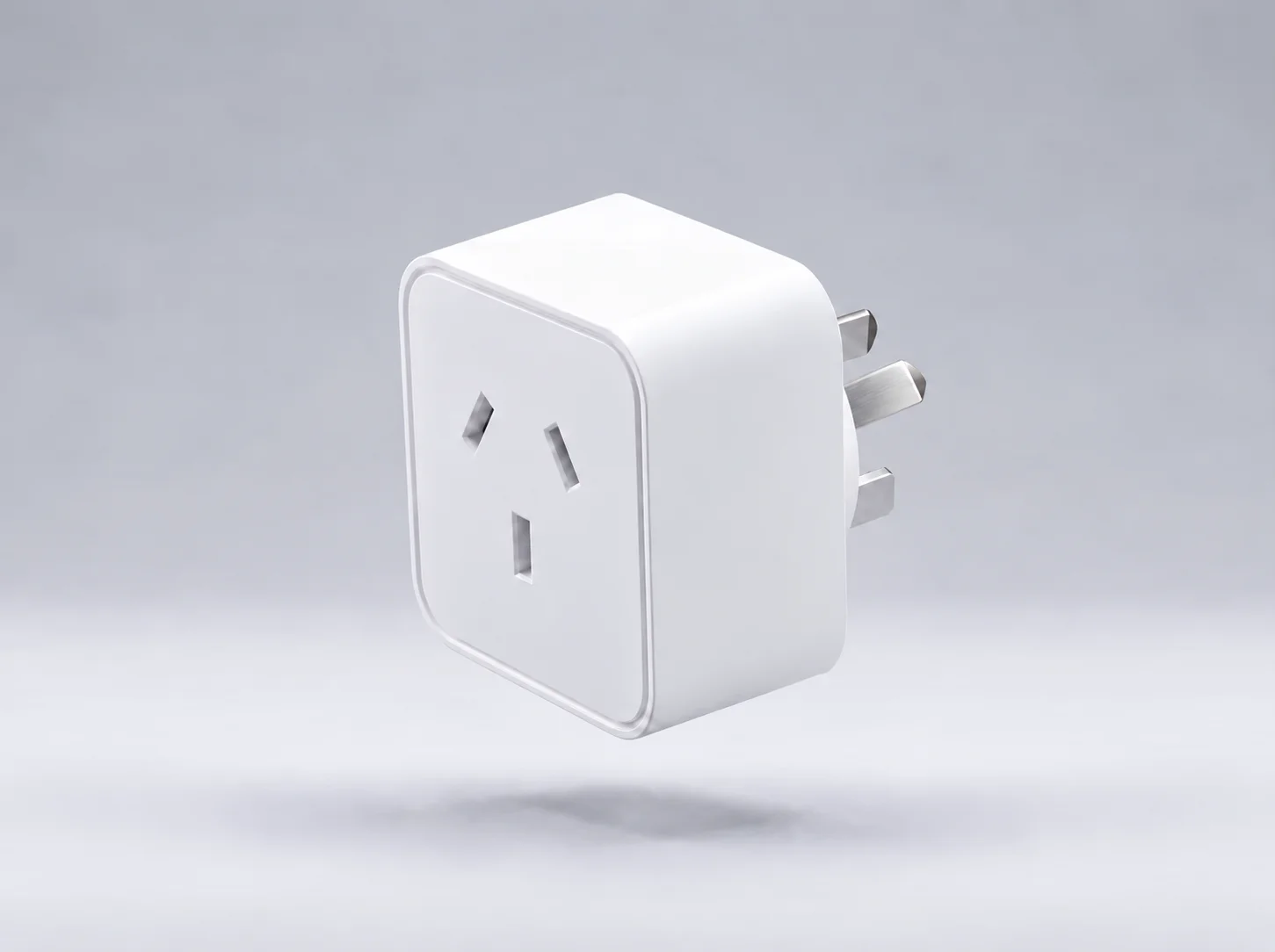 Angled view of a white smart plug with the socket upright